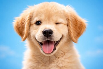 Obraz premium Cheerful dog puppy smiling and winking one eye on a bright blue setting