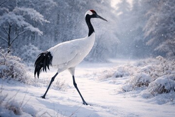 Fototapeta premium Elegant red crowned crane walking through snowy winter landscape