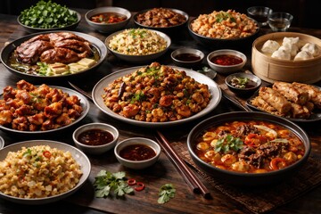 Obraz premium Chinese food assortment on dark wooden table for dinner gathering