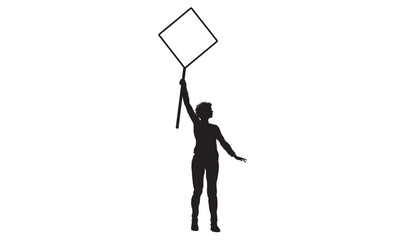 Umbrella man silhouette holding black rope with square sign above head on white background featuring shadow figure, outline style, minimal with icon © fariya
