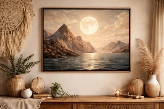 Boho inspired nature wall art with rocky mountains and moon over calm sea for stylish interiors