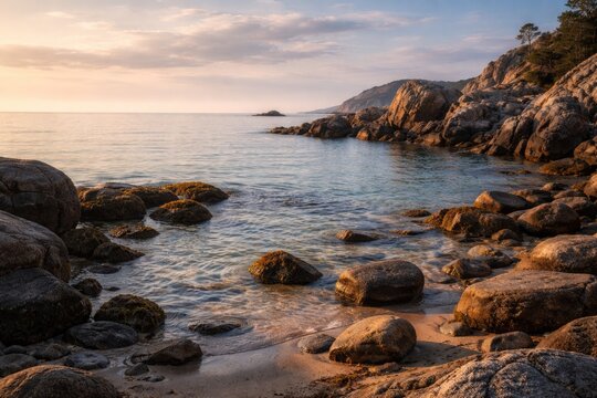 Relaxing shoreline with rugged rocks and placid ocean waters