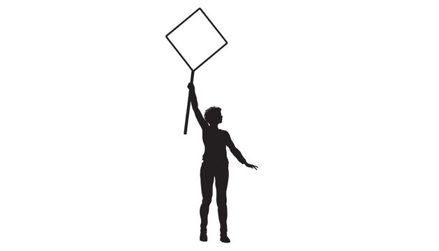 Umbrella man silhouette holding black rope with square sign above head on white background featuring shadow figure, outline style, minimal with icon
