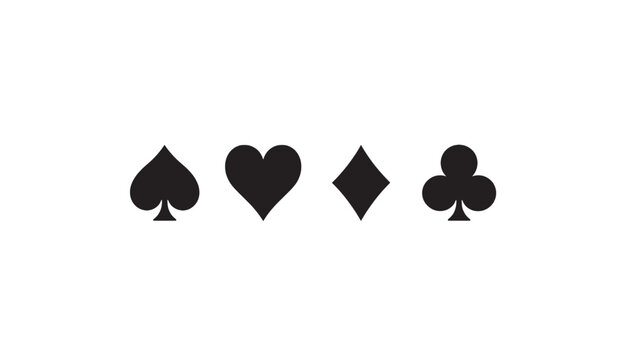 Playing cards icon set with spade, heart, diamond, and club symbols in bold solid black featuring card suit, poker, casino with deck and silhouette