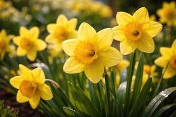 Obraz premium Detailed close up of vivid yellow narcissus blossoms thriving in flowerbed outside