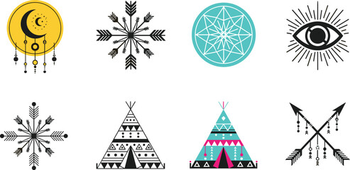 Tribal Geometric Patterns Set with Arrows, Teepees, Dreamcatcher, and Sacred Eye Symbols for Native American Culture, Spiritual Designs, and Modern Illustrations © Sreemotimadhobi