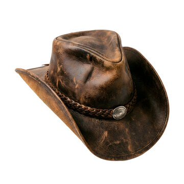 A distressed brown leather cowboy hat with a braided band and silver concho isolated on transparent background