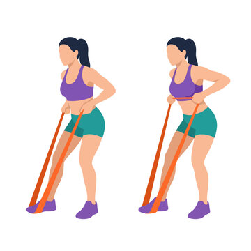An illustrated woman engages in an effective workout with resistance bands, showcasing strength training and commitment to physical health in a stylish and modern fitness environment.
