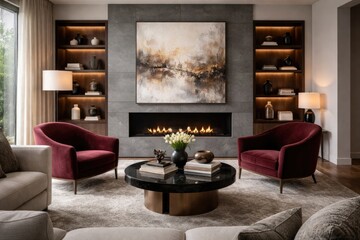 Obraz premium Contemporary living room setup with prominent gray fireplace and rich burgundy armchairs for art presentation