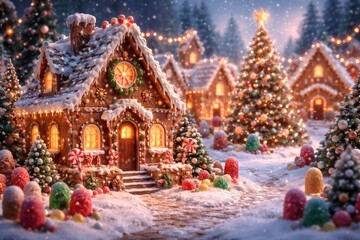 Obraz premium Whimsical Christmas candy town featuring gingerbread houses and festive decor