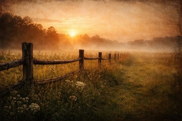 Fototapeta premium Rustic fence and meadow at dawn with grunge texture and copy space background