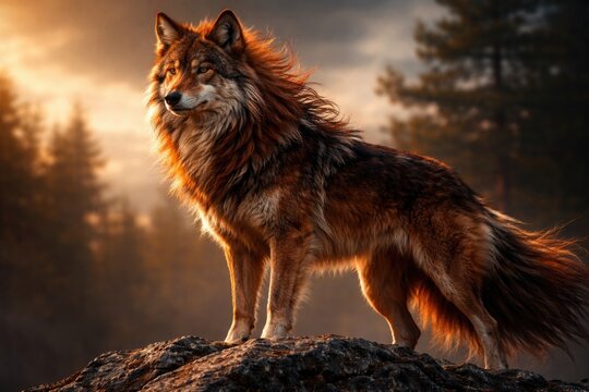 Majestic red wolf with flowing mane standing tall