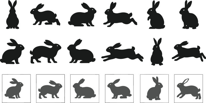 Rabbit silhouette illustration collection, animal outline figure, matching motif drawing, wildlife icon art, pattern design graphic, recognition posture symbol image