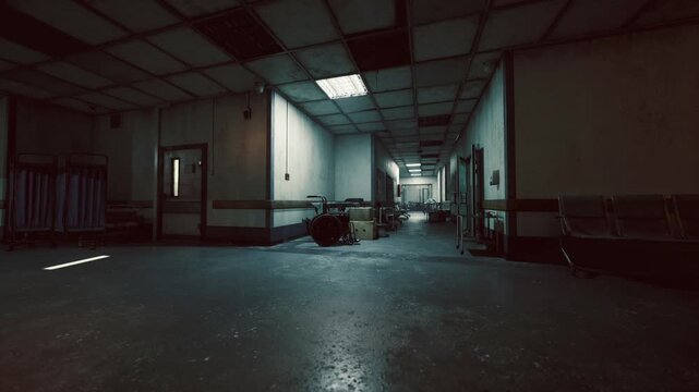 Dark corridor with minimal lighting and parked carts, warped ceiling tiles and dim red accent create unsettling foreboding mood, ideal for horror, suspense,