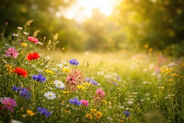 Fototapeta premium Vibrant wildflower field under summer sun with blurred greenery and copy space for text