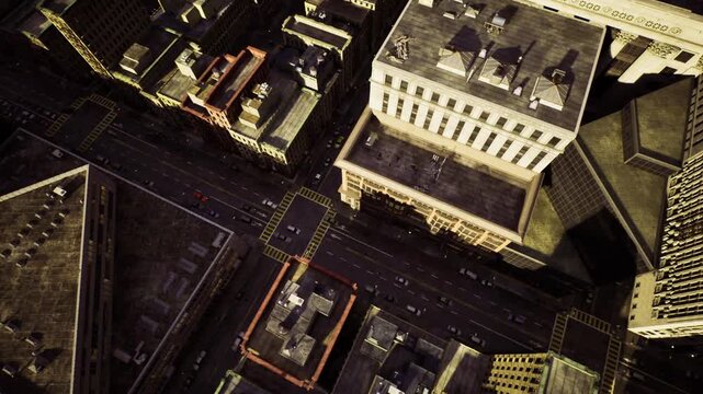 Topdown miami intersection with angular rooftops and textured pavement creating abstract city geometry, strong shadows and lines for editorial and design
