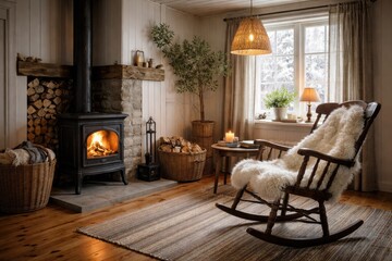 Obraz premium Scandinavian style living room corner with wooden stove, piled firewood, antique rocking chair covered with white sheepskin on rag carpet over oiled floor