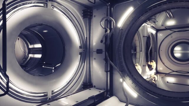 Paired space station ports, maintenance rig and dual circular rings, cable clamps and tool mounts, balanced composition with engineered repetition