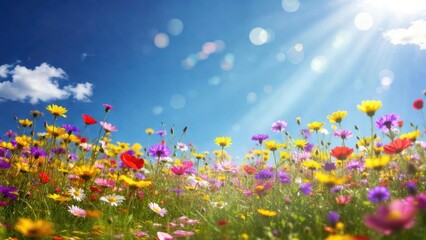 Fototapeta premium Vibrant wildflowers bloom under bright sun rays