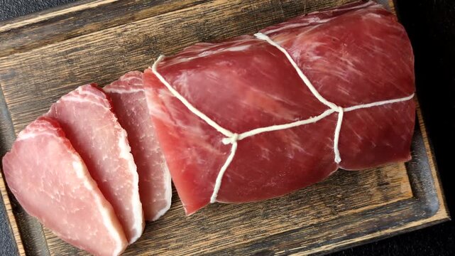 Smoked or dry cured meat slices, pork or ham with salt and spices. Smoked meat slices as a food background for your design