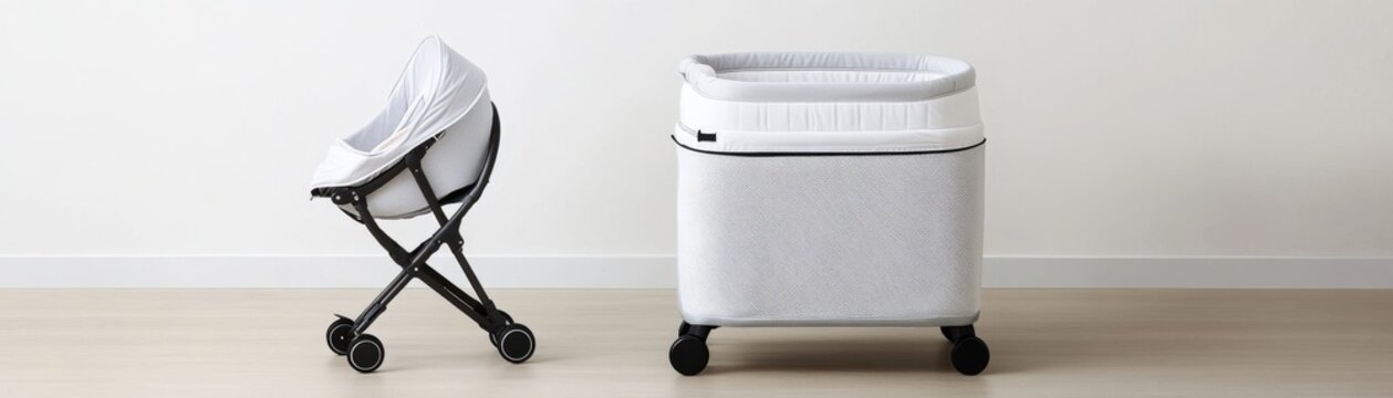 Modern Nursery Essentials Portable folding baby bassinetbouncer and sleek wheeled co-sleeper. Whitegrey minimalist design for versatile infant care in a studio. ,Baby gear ,Sleep