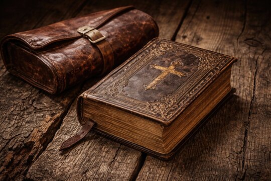 Vintage scripture book showing cracked wood and vintage leather case