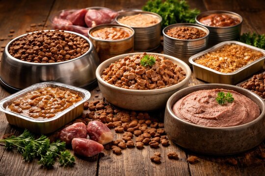 Variety of moist and dry pet foods including cat and dog pate on rustic wooden table