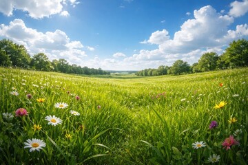 Obraz premium Vibrant lush meadow with thriving green grass under a bright blue sky scattered with fluffy white clouds