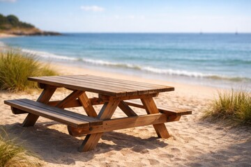Fototapeta premium wooden picnic table by beach with calm blurred ocean view for website mockup