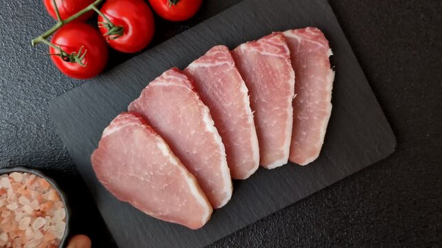 Smoked or dry cured meat slices, pork or ham with salt and spices. Smoked meat slices as a food background for your design