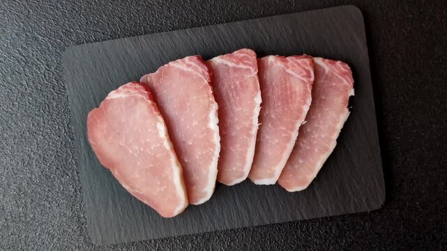 Smoked or dry cured meat slices, pork or ham with salt and spices. Smoked meat slices as a food background for your design