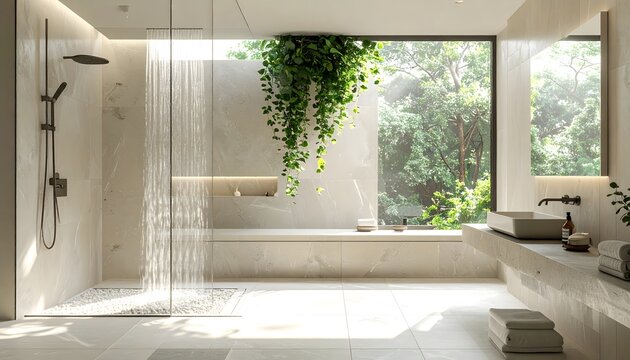 Modern bathroom with a rainfall shower and large window overlooking lush greenery