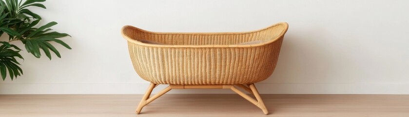 Fototapeta premium Natural wicker bassinet, full shot, centered against a white wall with a green plant and light wooden floor. Cozy, minimalist nursery furniture. Rattan, Baby room