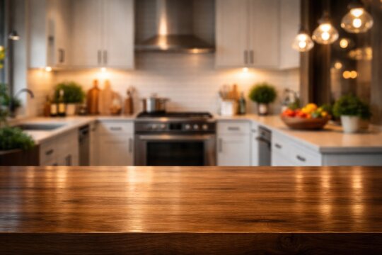 Well lit modern kitchen backdrop with polished wooden surface and subtle bokeh lighting for product montage