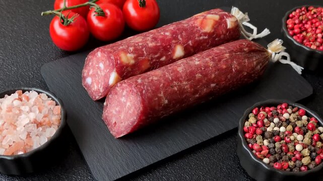 Smoked or dry cured salami slices or ham with salt and spices. Smoked sausage slices as a food background for your design