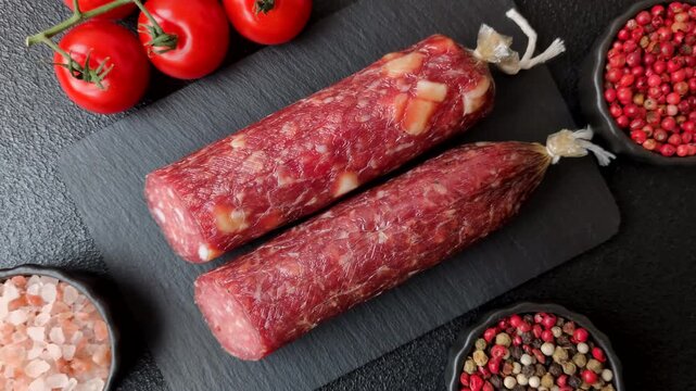 Smoked or dry cured salami slices or ham with salt and spices. Smoked sausage slices as a food background for your design