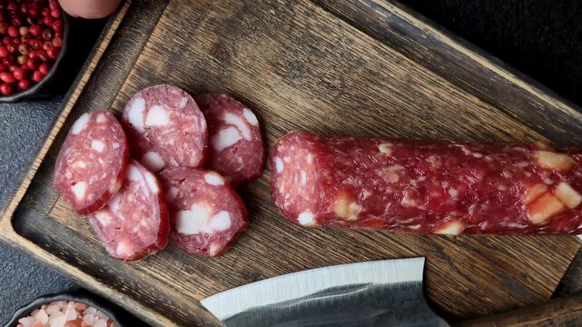 Smoked or dry cured salami slices or ham with salt and spices. Smoked sausage slices as a food background for your design