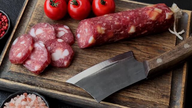 Smoked or dry cured salami slices or ham with salt and spices. Smoked sausage slices as a food background for your design