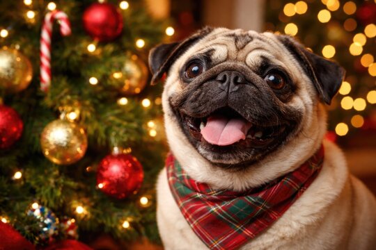 Joyful pug enjoying time beside Christmas tree with colorful decorations close up