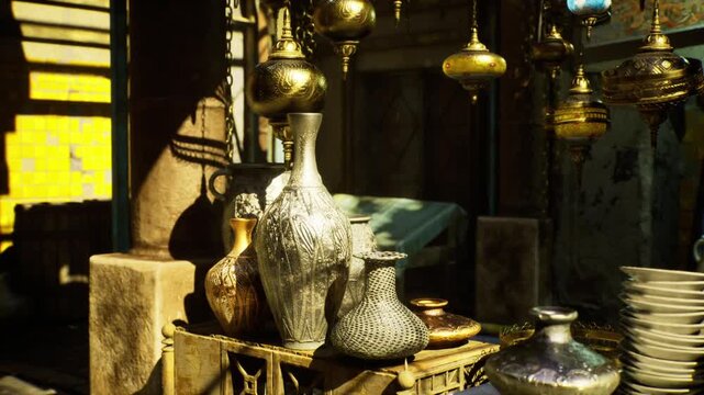 Antique brass lanterns and ornate vases displayed in sunlit bazaar stall, warm golden light casting deep shadows across tarnished metal, stacked ceramic plates