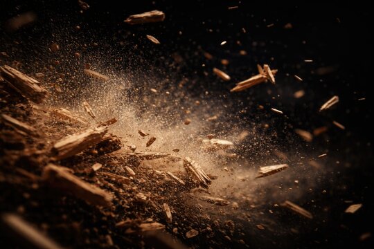 Blurred flying dust and wood fragments creating motion illusion on black background