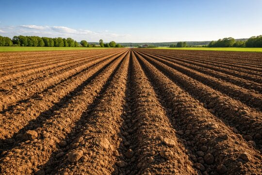 Agricultural field with freshly plowed soil under clear blue sky