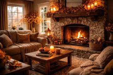 Obraz premium Warm autumn ambiance in a living room with a glowing fireplace