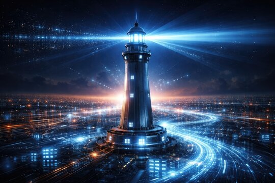 High tech lighthouse amidst a computerized environment emphasizing innovation and leadership potential