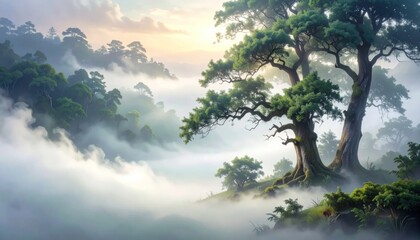 Fototapeta premium Misty Mountain Forest Canopy with Ancient Trees.