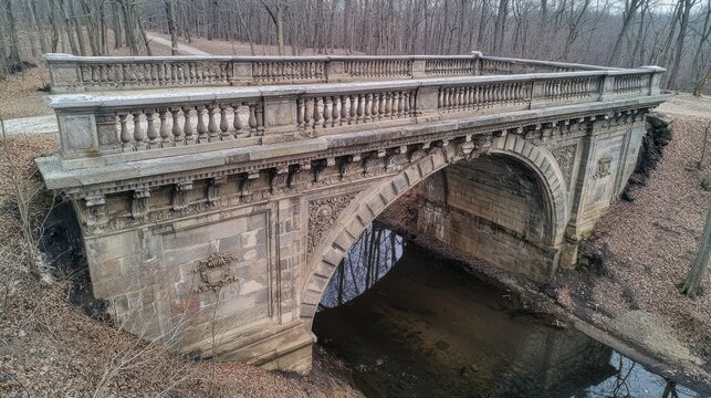 Bridge abutment details historic stone arch Victorian ornate balustrade carved stonework American classical masonry engineering craftsmanship forest setting