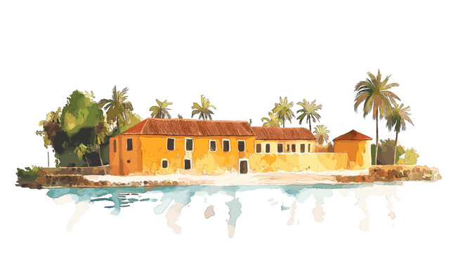 Goree Island. Goree Island hand drawn watercolor illustration on white background