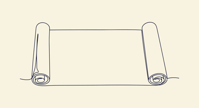 Continuous line drawing of an open ancient scroll paper on cream background for minimalist design