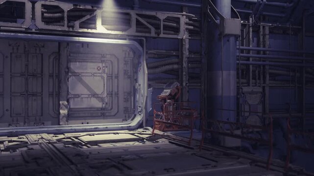 Derelict spaceship hangar under cold spotlight, empty maintenance bay lined with metal panels, exposed pipes and service conduits, scattered crates and toolbox,