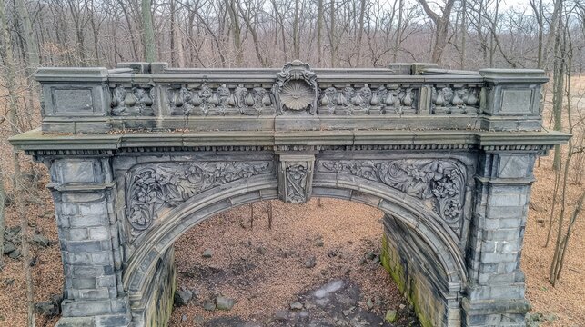 Bridge abutment details ornate stone arch with intricate carved decorative floral motifs classical masonry craftsmanship historic American infrastructure